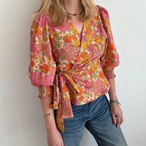 Multicolor Boho Women's Floral Print Wrap Blouse, Puff Sleeves, Ruched Cuff